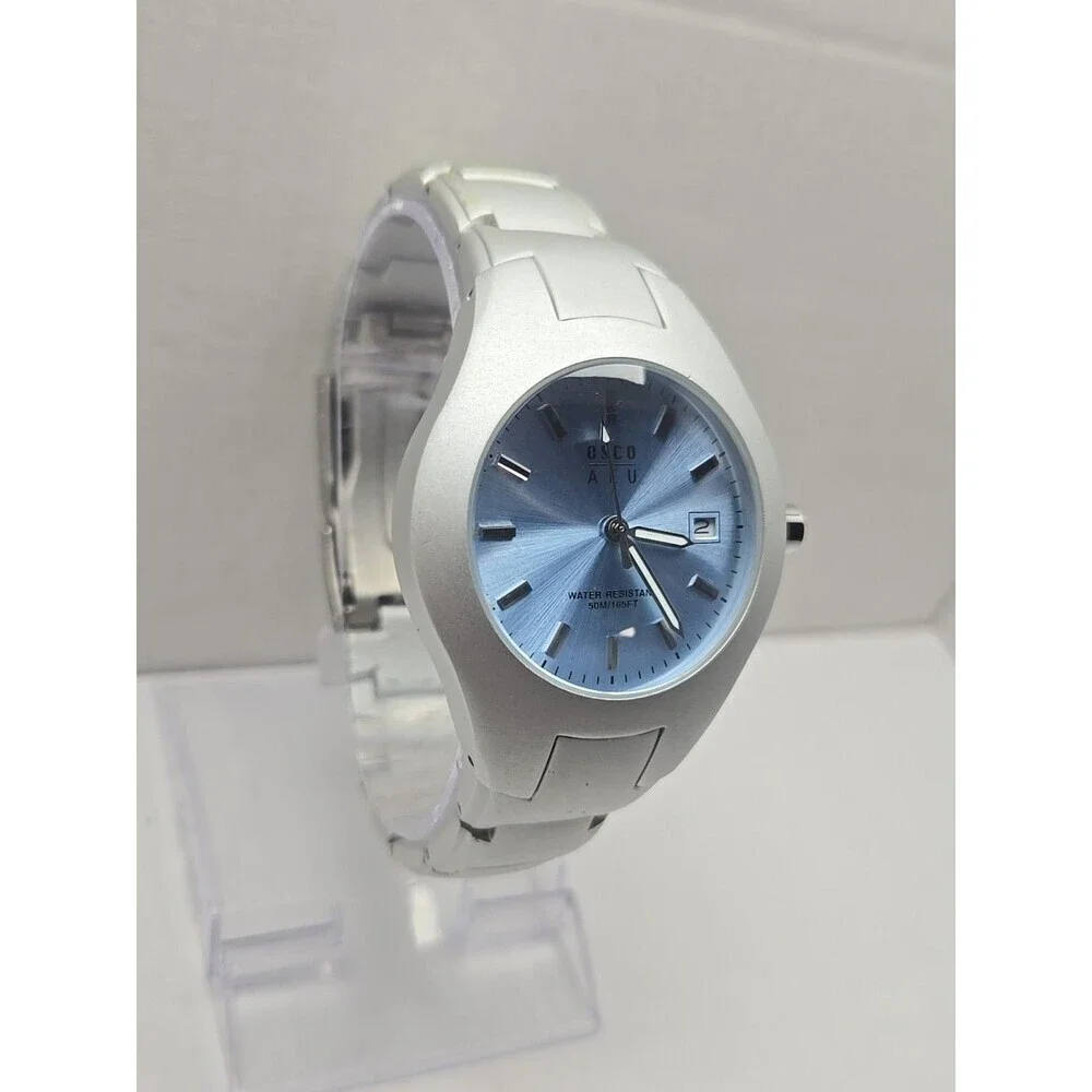 Osco ALU Quartz Watch Womens Blue Dial Date 50M165FT Water Resistant New Battery